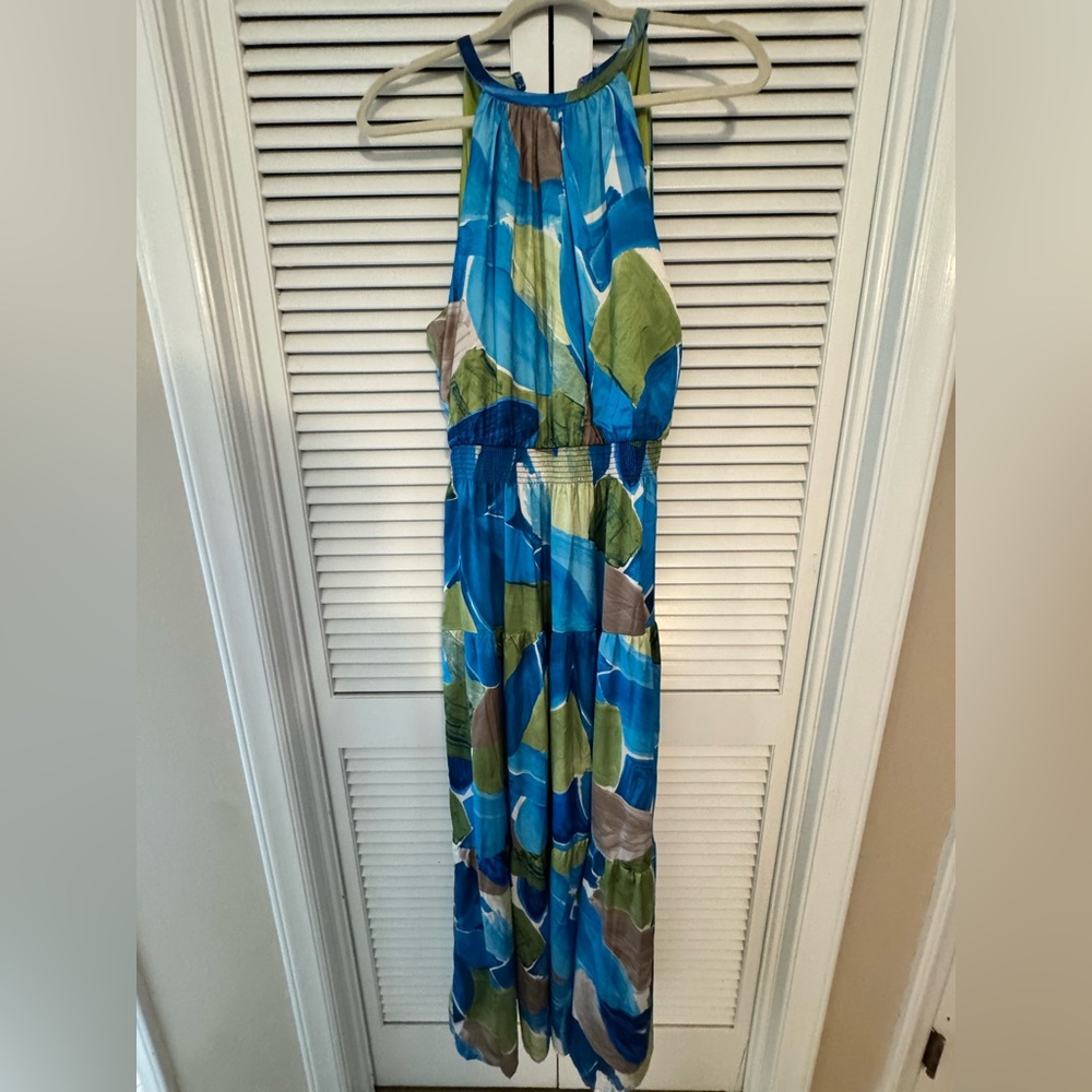 Nicole Miller Size Large Blue and Green Halter Neck Maxi Dress NWT - Picture 7 of 10